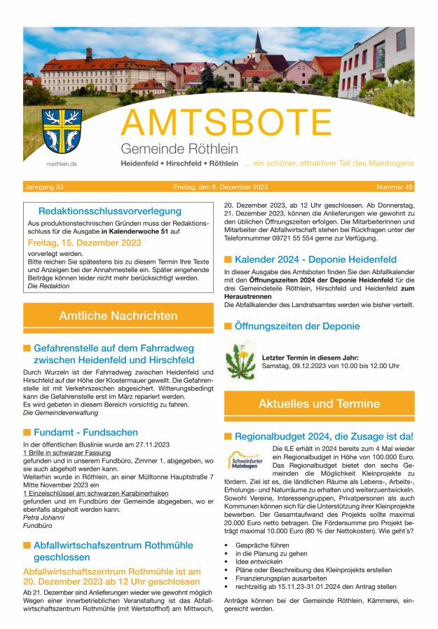 Amtsbote der Großgemeinde Röthlein Titelblatt 49/2023