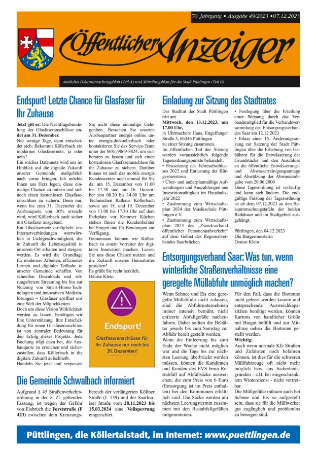 Öffentlicher Anzeiger - Stadt Püttlingen Titelblatt 49/2023
