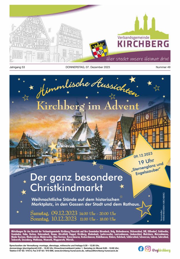 Mitteilungen der Verbandsgemeinde Kirchberg Hunsrück Titelblatt 49/2023