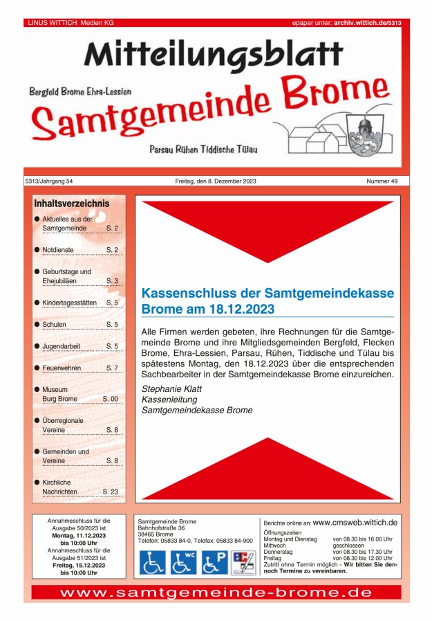 Mitteilungsblatt der Samtgemeinde Brome Titelblatt 49/2023