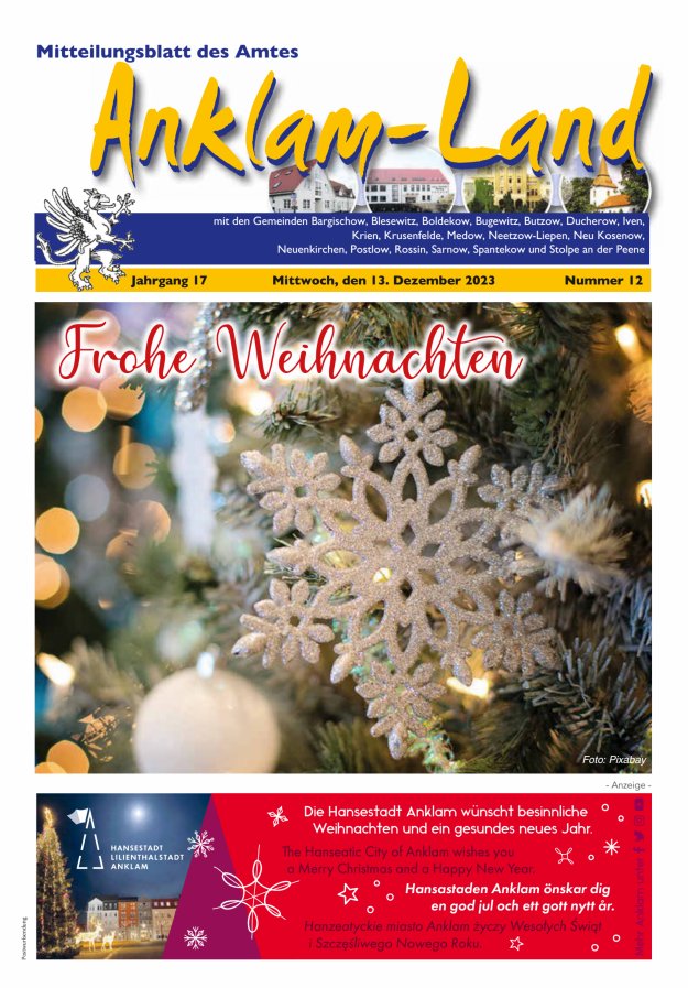 Mitteilungsblatt des Amtes Anklam-Land Titelblatt 12/2023