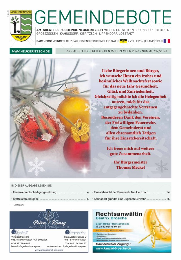 Gemeindebote - Amtsblatt der Gemeinde Neukieritzsch mit den Ortsteilen Titelblatt 12/2023