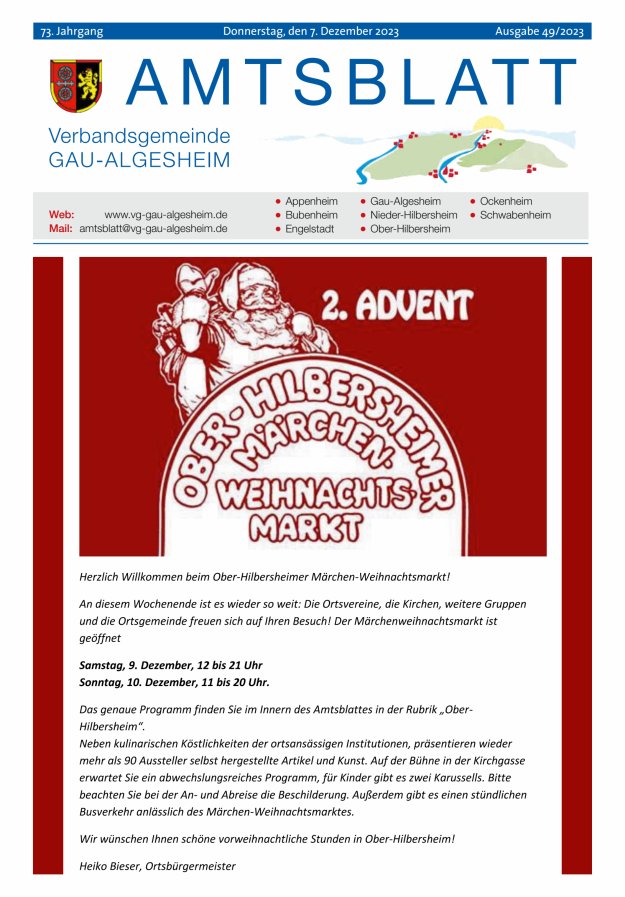 Amtsblatt der VG Gau-Algesheim Titelblatt 49/2023