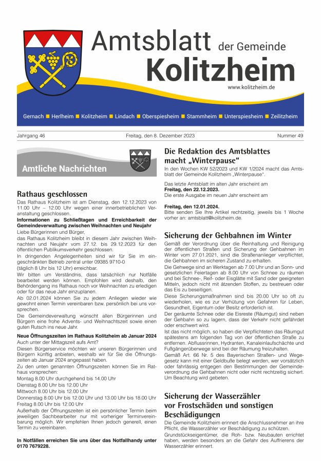 Amtsblatt der Gemeinde Kolitzheim Titelblatt 49/2023
