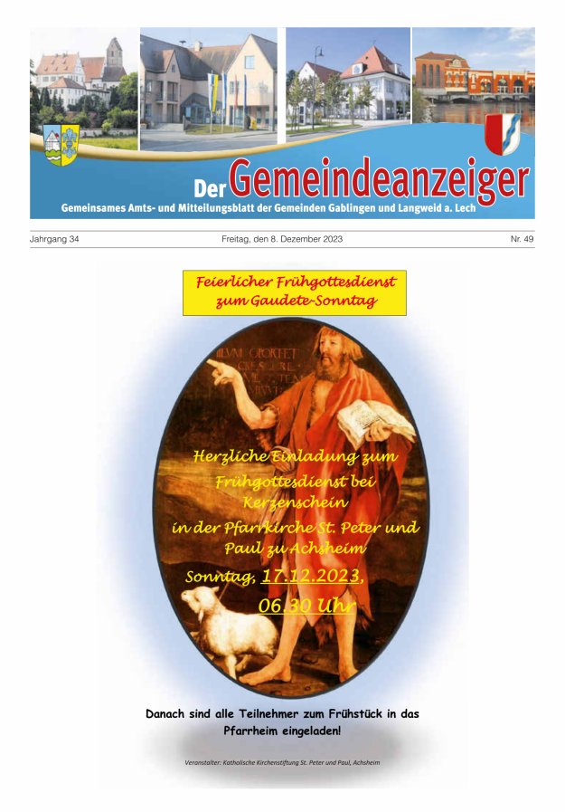 Der Gemeindeanzeiger - Gablingen Langweid Titelblatt 49/2023