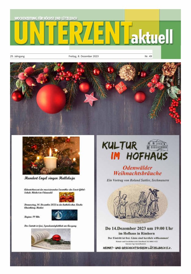 Unterzent aktuell Wochenzeitung für Höchst und Lützelbach Titelblatt 49/2023