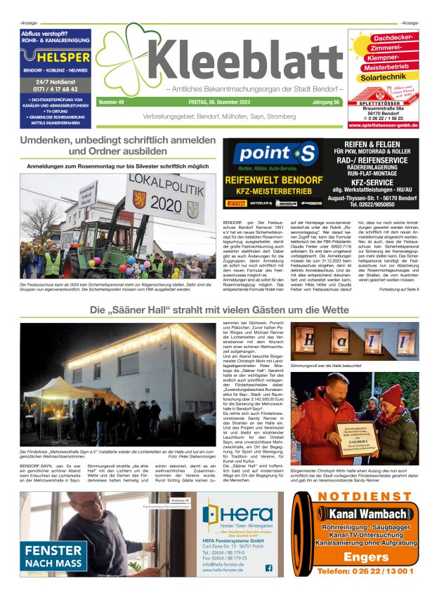 Kleeblatt - Amtliches Bekanntmachungsorgan der Stadt Bendorf Titelblatt 49/2023