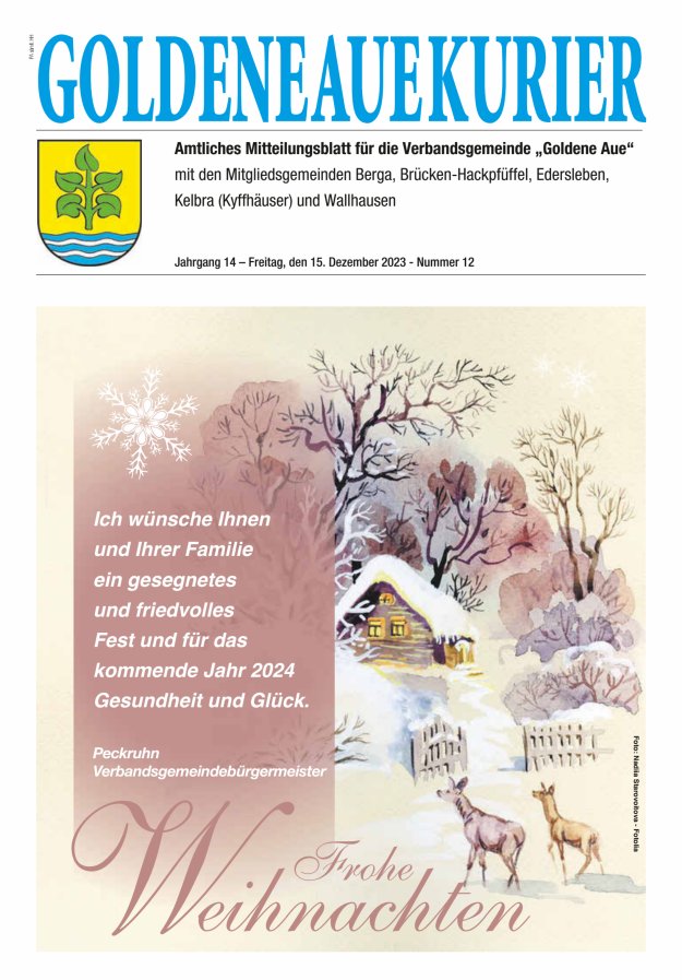 Goldene Aue Kurier – Amtliches Mitteilungsblatt für die Verbandsgemeinde "Goldene Aue" Titelblatt 12/2023