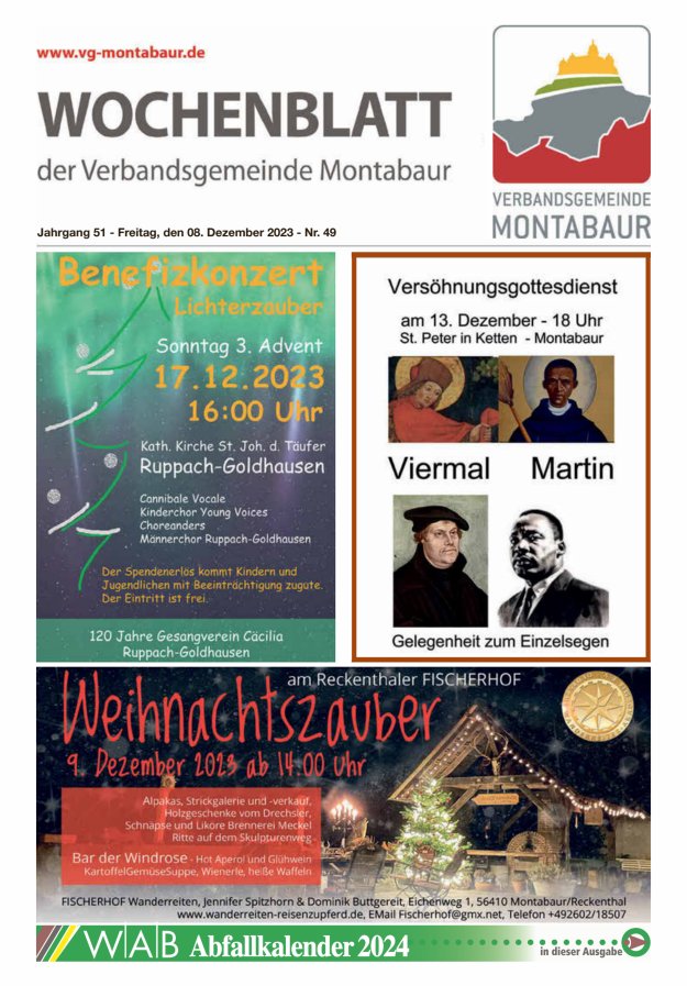 Wochenblatt der Verbandsgemeinde Montabaur Titelblatt 49/2023