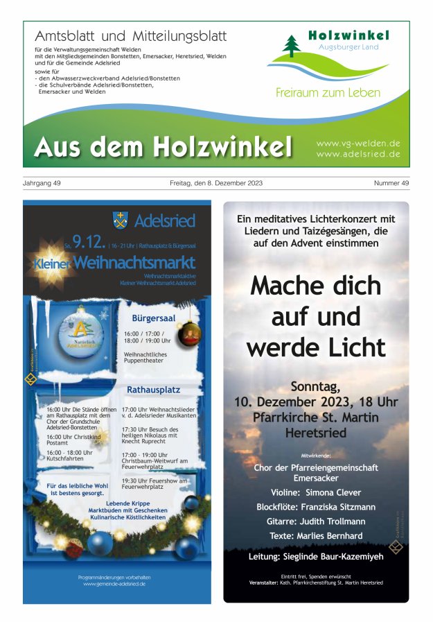 Aus dem Holzwinkel Amtsblatt u Mitteilungsblatt f VG Welden u GemAdelsried Titelblatt 49/2023