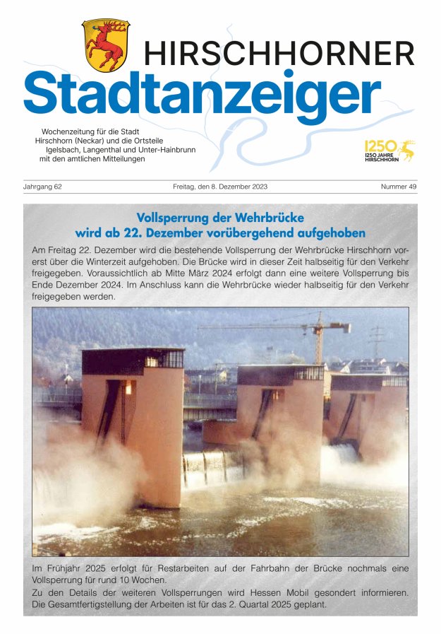 Hirschhorner Stadtanzeiger Titelblatt 49/2023