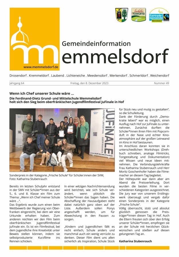 Mitteilungsblatt der Gemeinde Memmelsdorf Titelblatt 49/2023