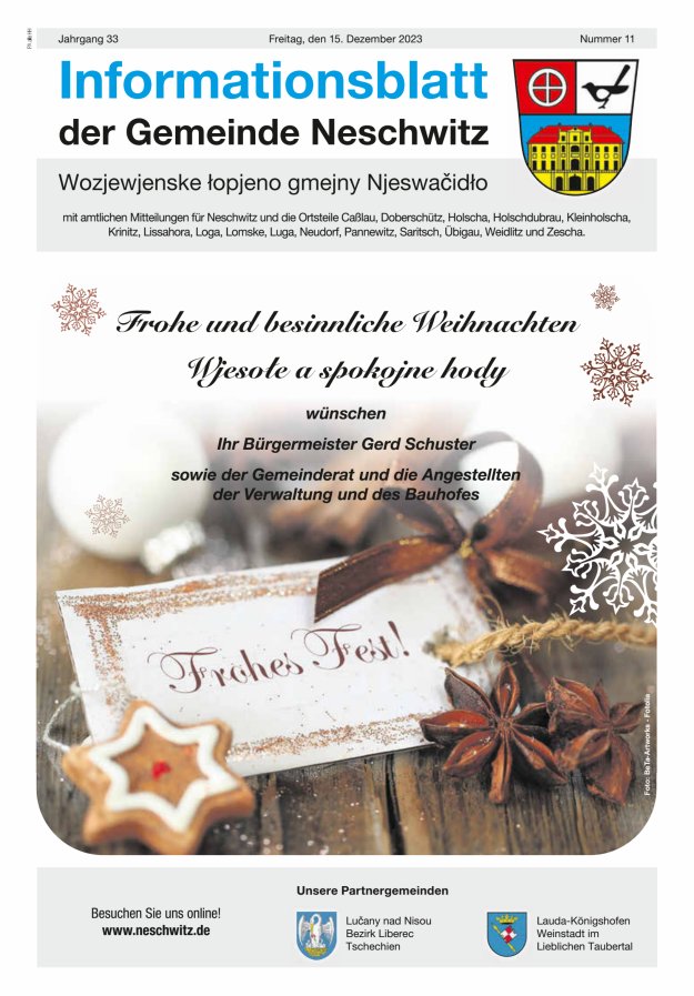 Informationsblatt der Gemeinde Neschwitz mit amtlichen Mitteilungen Titelblatt 11/2023