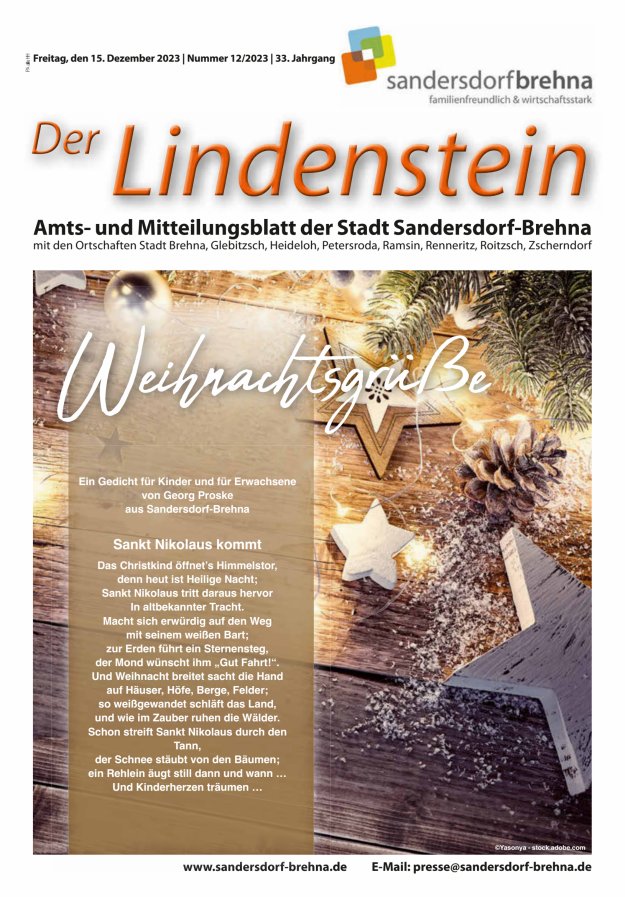 Der Lindenstein Amts- und Mitteilungsblatt der Stadt Sandersdorf-Brehna Titelblatt 12/2023