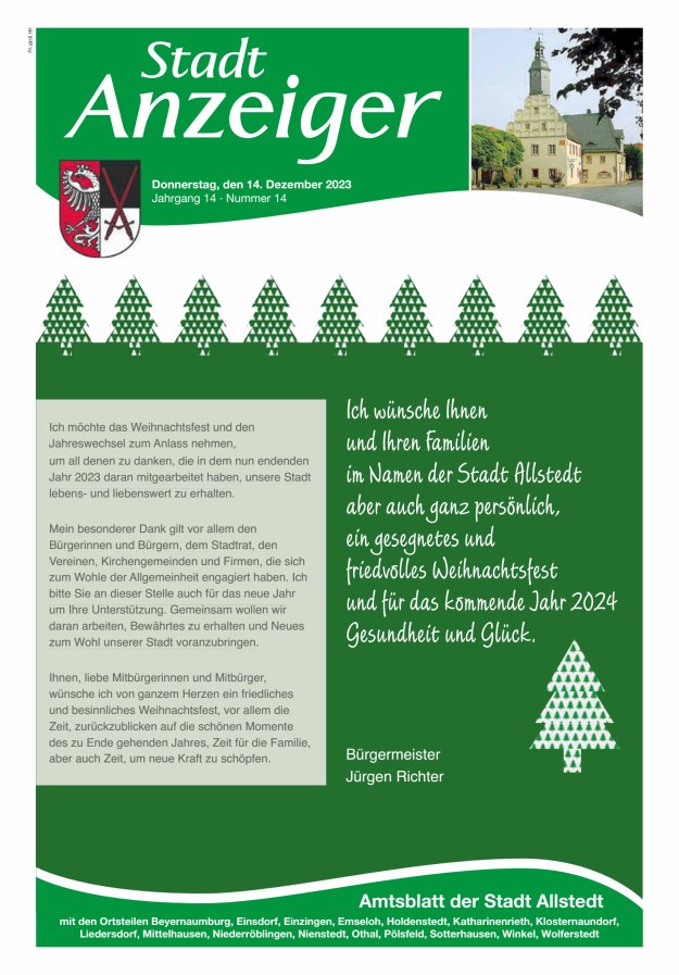 Stadtanzeiger Amtsblatt der Stadt Allstedt mit den Ortsteilen Titelblatt 14/2023