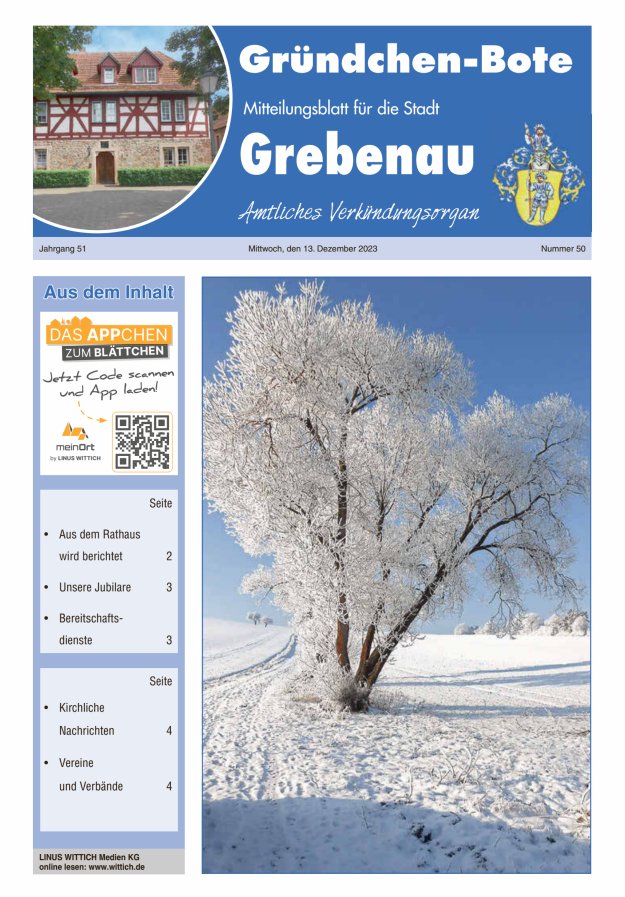 Grebenau - Gründchen Bote - Mitteilungsblatt für die Stadt Grebenau Titelblatt 50/2023