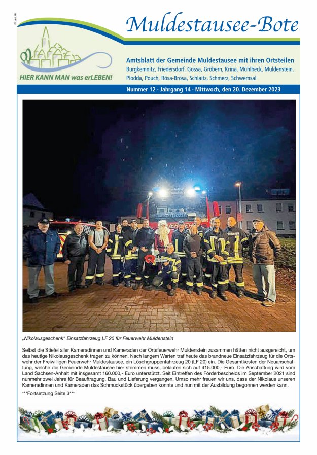 Muldestausee-Bote – Amtsblatt der Gemeinde Muldestausee mit ihren Ortsteilen Titelblatt 12/2023