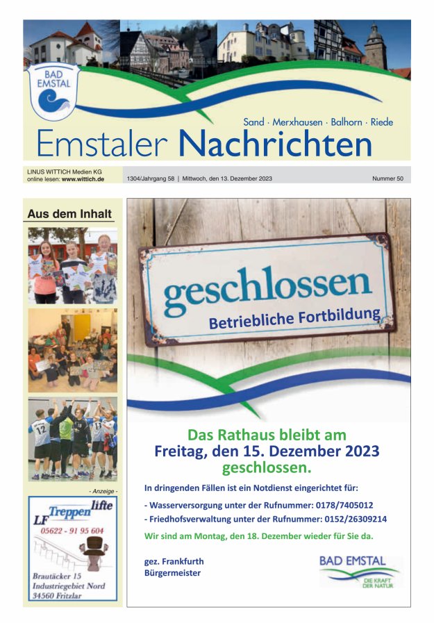 Emstaler Nachrichten Titelblatt 50/2023