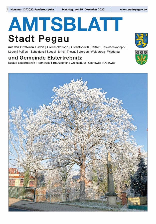 Amtsblatt Stadt Pegau und Gemeinde Elstertrebnitz  Titelblatt 13/2023