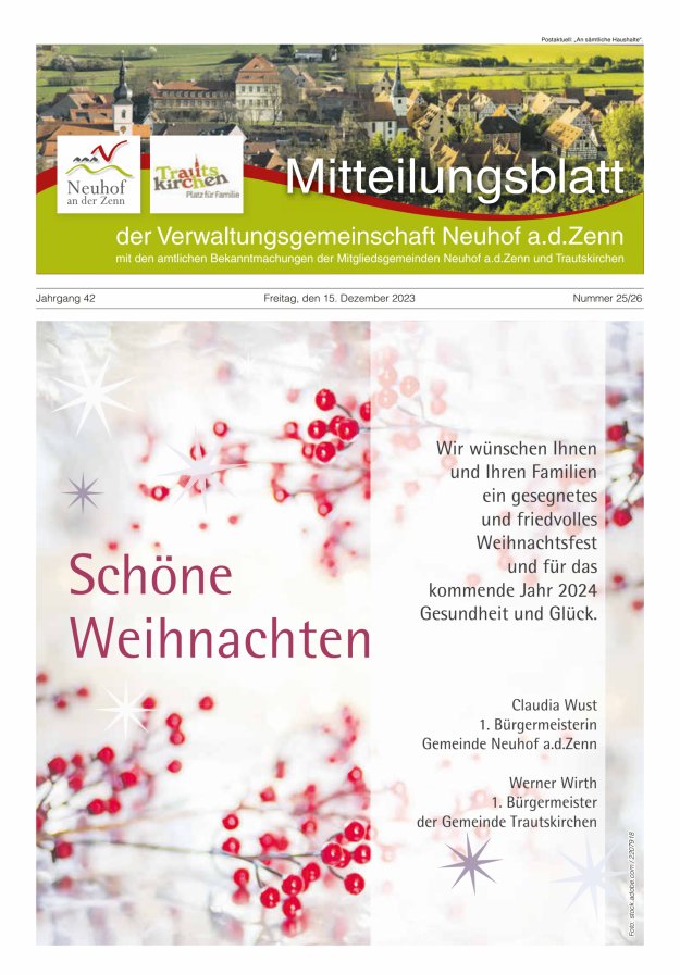 Mitteilungsblatt der Verwaltungsgemeinschaft Neuhof an der Zenn mit den amtlichen Bekanntmachungen der Mitgliedsgemeinden Neuhof an der Zenn und Trautskirchen Titelblatt 25/2023