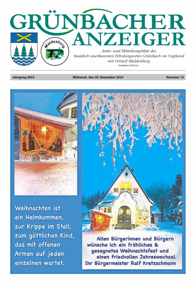 Grünbacher Anzeiger - Amts- und Mitteilungsblatt Titelblatt 13/2023