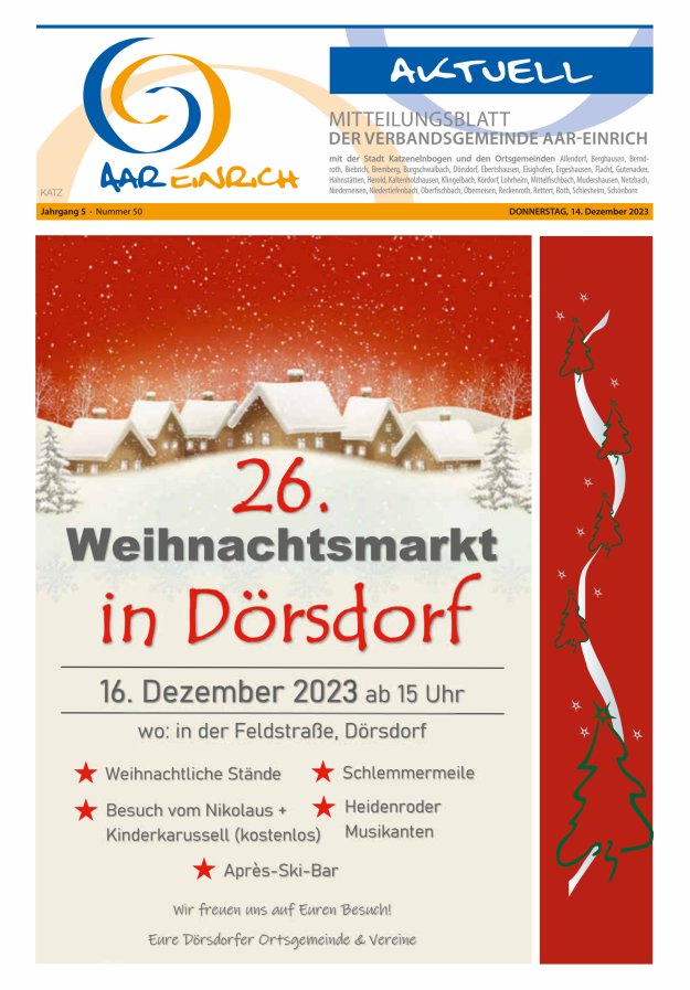 Mitteilungsblatt der Verbandsgemeinde Aar-Einrich Ausgabe Katzenelnbogen Titelblatt 50/2023