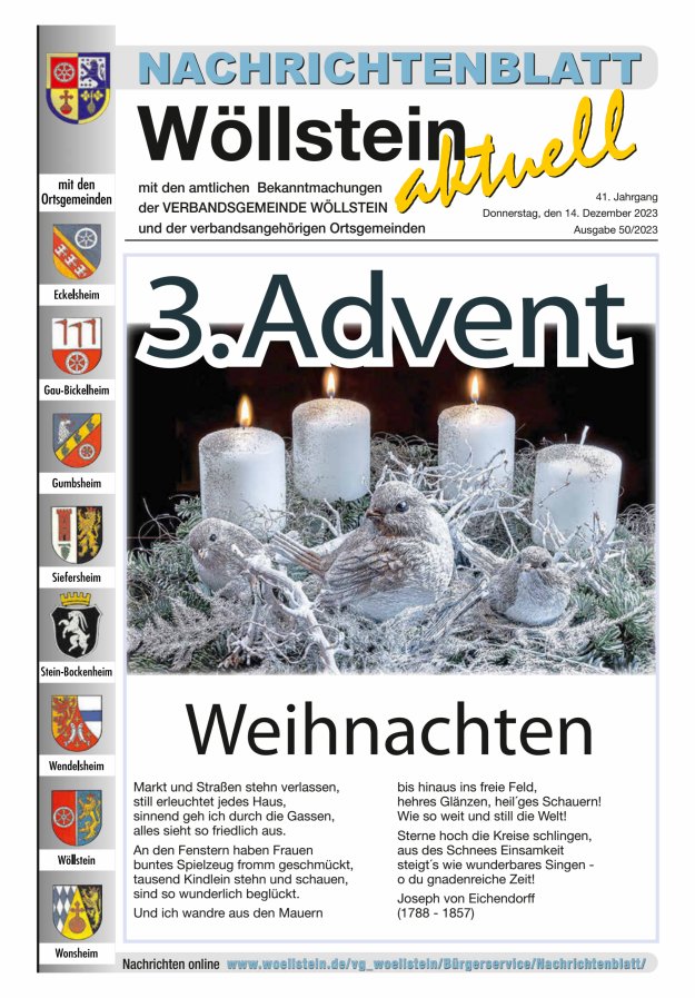 Nachrichtenblatt Wöllstein aktuell Titelblatt 50/2023