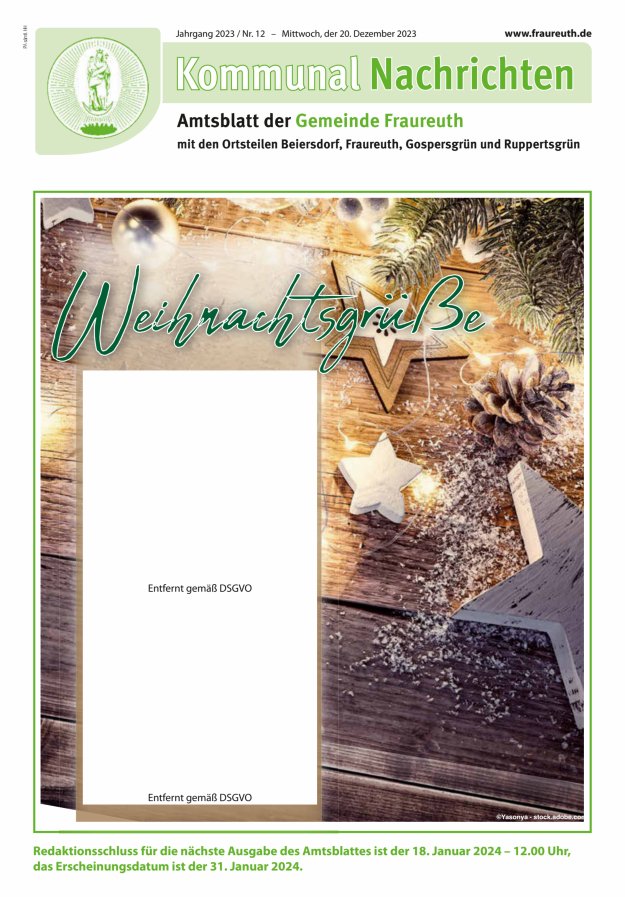Kommunal-Nachrichten der Gemeinde Fraureuth Titelblatt 12/2023