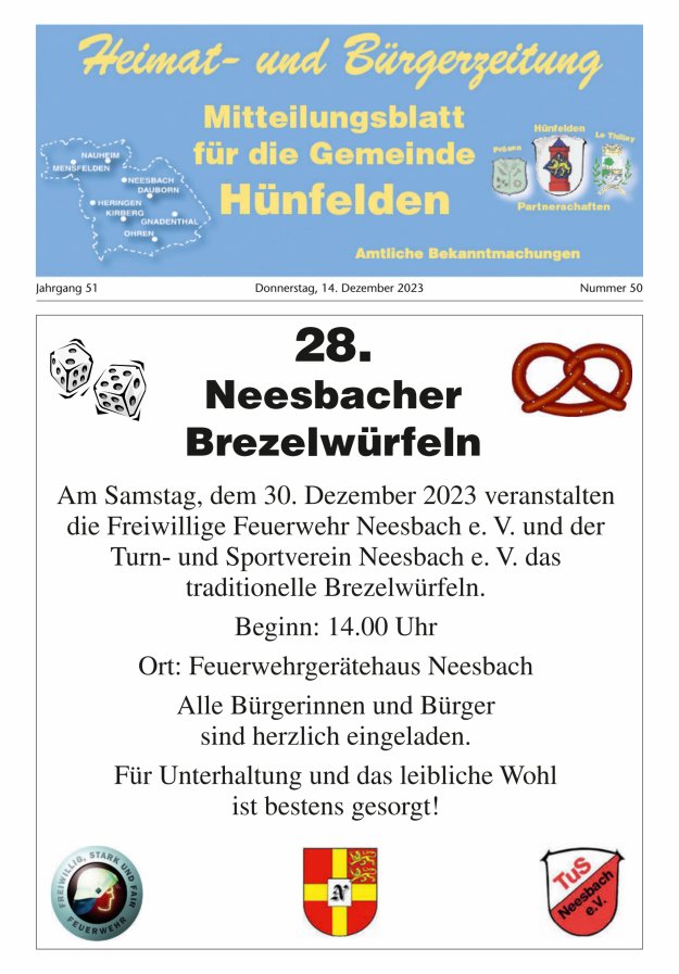 Mitteilungsblatt für die Gemeinde Hünfelden Titelblatt 50/2023