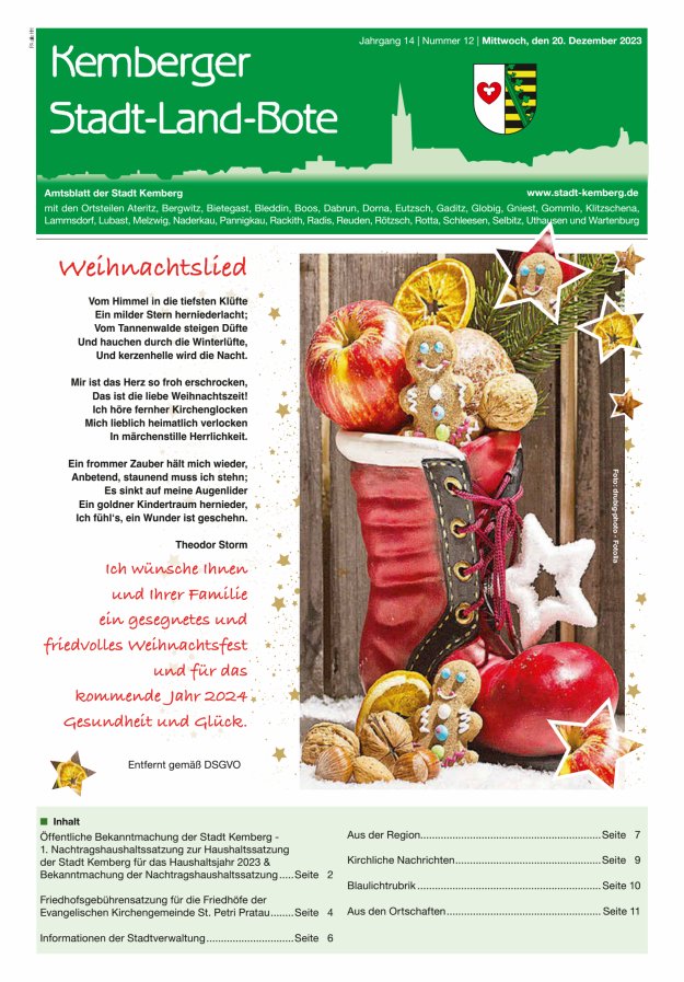Kemberger Stadt-Land-Bote Amtsblatt der Stadt Kemberg Titelblatt 12/2023