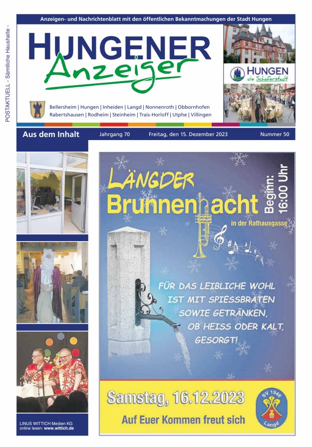 Anzeigen- und Nachrichtenblatt mit den öff  Bekanntmachungen der Stadt Hungen Titelblatt 50/2023