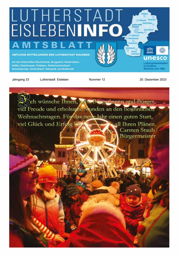 Amtsblatt Lutherstadt Eisleben – Amtliches Mitteilungsblatt der Lutherstadt Eisleben Titelblatt 12/2023