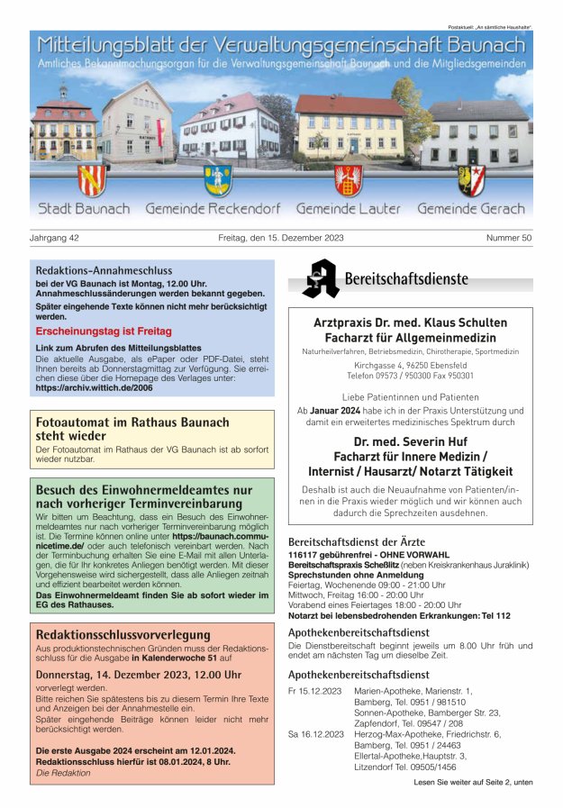 Mitteilungsblatt Verwaltungsgemeinschaft Baunach Titelblatt 50/2023