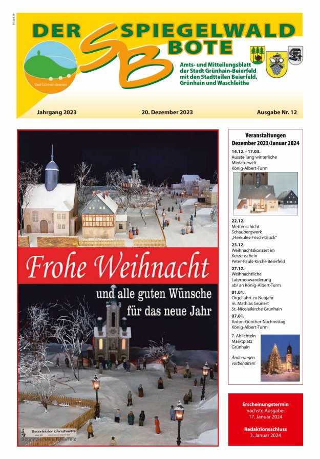 Der Spiegelwaldbote - Amts- und Mitteilungsblatt der Gemeinde Grünhain-Beierfeld  Titelblatt 12/2023