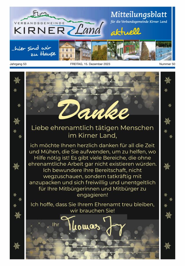Mitteilungsblatt für den Bereich der Verbandsgemeinde Kirner Land Titelblatt 50/2023