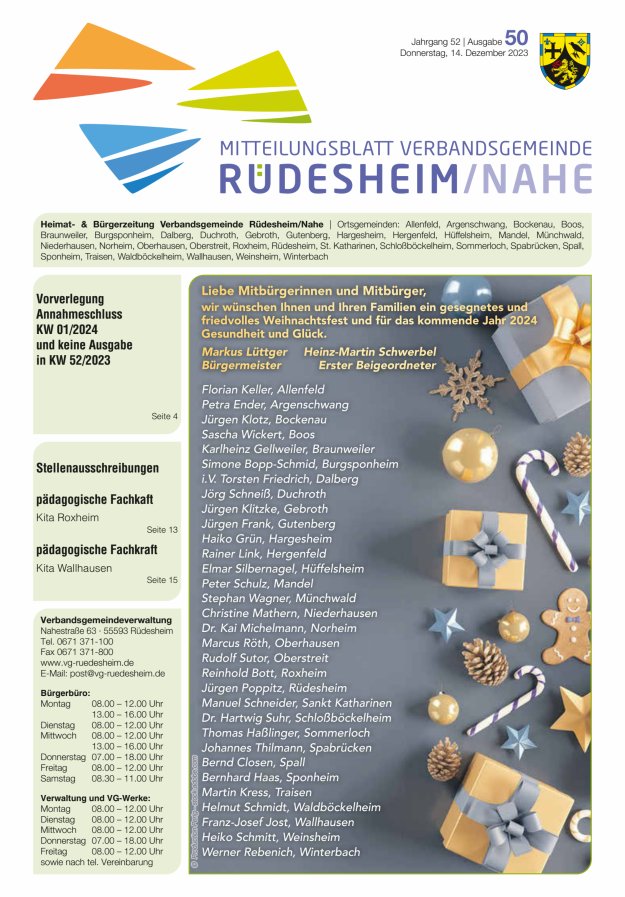 Mitteilungsblatt Verbandsgemeinde Rüdesheim und zugehörige Ortsgemeinden Titelblatt 50/2023