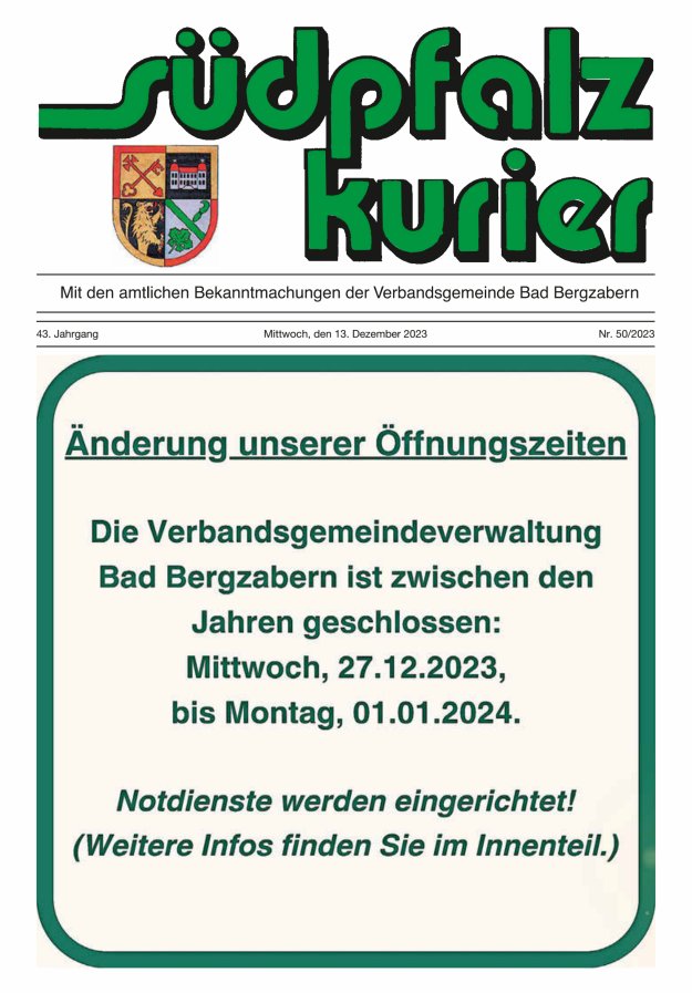 Südpfalz Kurier - VG Bad Bergzabern Titelblatt 50/2023