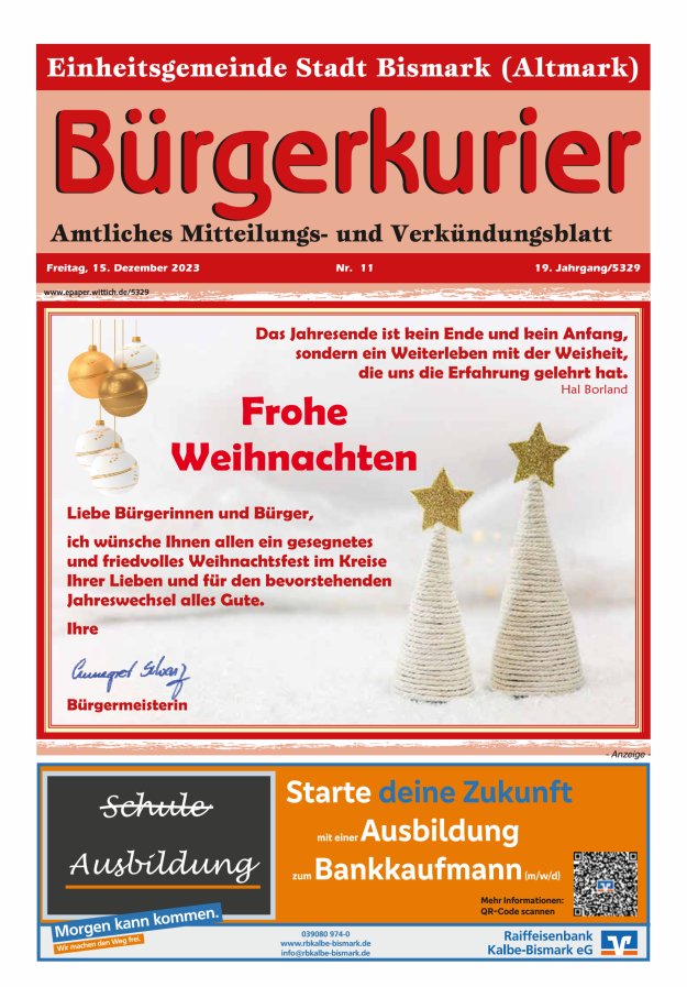 Bürgerkurier der Einheitsgemeinde Stadt Bismark (Altmark) Titelblatt 11/2023