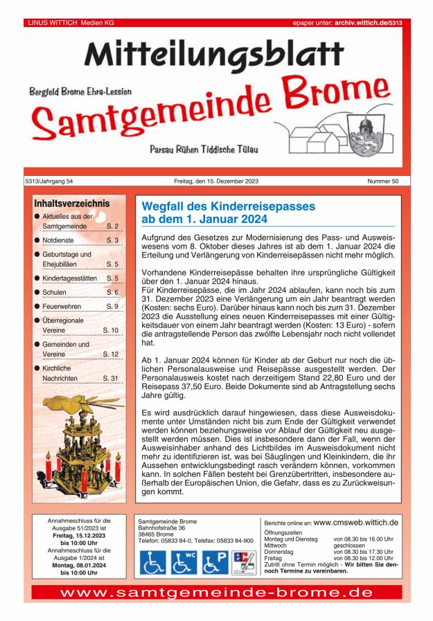Mitteilungsblatt der Samtgemeinde Brome Titelblatt 50/2023