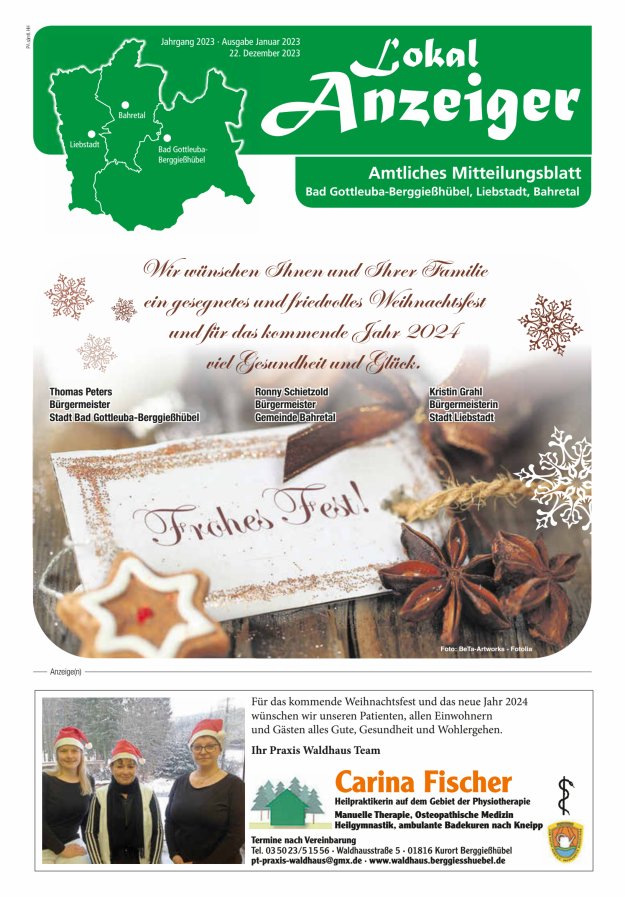 Lokal-Anzeiger - Amtliches Mitteilungsblatt Bad Gottleuba-Berggießhübel, Liebstadt, Bahretal Titelblatt 13/2023
