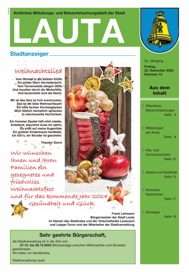 Amtliches Mitteilungs- und Bekanntmachungsblatt der Stadt Lauta - Stadtanzeiger Titelblatt 12/2023