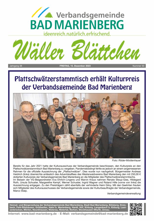 Wäller Blättchen - Verbandsgemeinde Bad Marienberg Titelblatt 50/2023