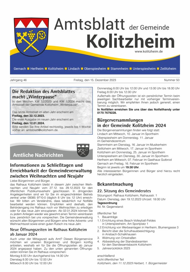 Amtsblatt der Gemeinde Kolitzheim Titelblatt 50/2023
