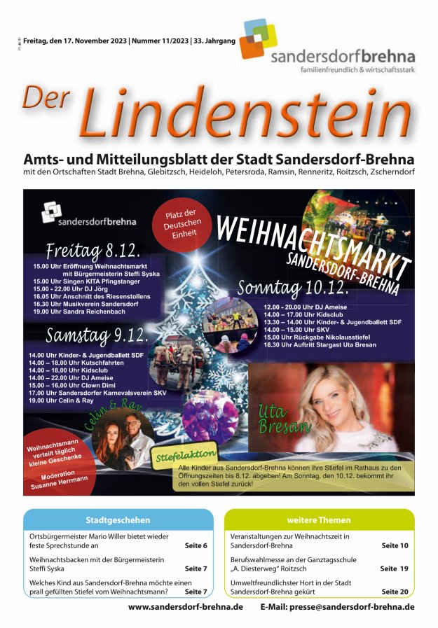 Der Lindenstein Amts- und Mitteilungsblatt der Stadt Sandersdorf-Brehna Titelblatt 11/2023
