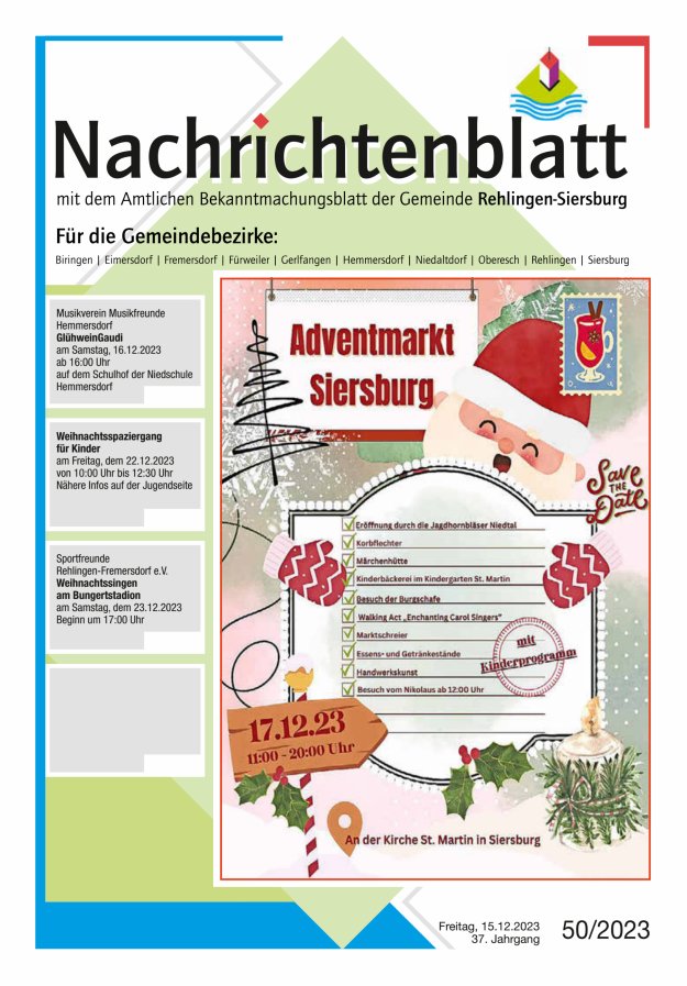 Nachrichtenblatt Rehlingen-Siersburg Titelblatt 50/2023