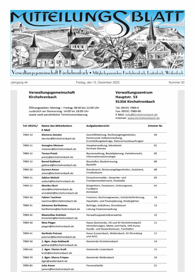 Mitteilungsblatt Verwaltungsgemeinschaft Kirchehrenbach Titelblatt 50/2023