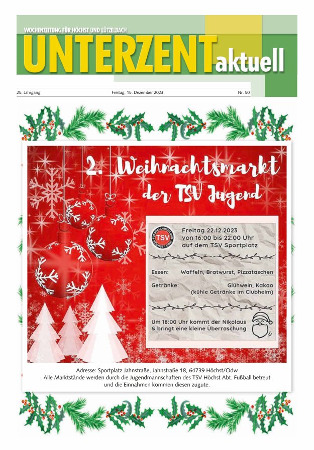 Unterzent aktuell Wochenzeitung für Höchst und Lützelbach Titelblatt 50/2023