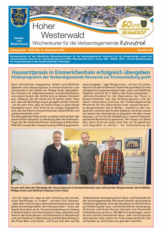 Hoher Westerwald - Wochenkurier für die Verbandsgemeinde Rennerod Titelblatt 50/2023
