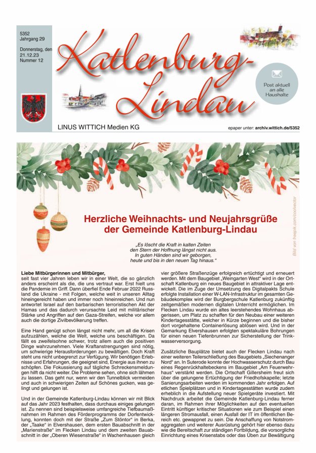 Blickpunkt Katlenburg Lindau Titelblatt 12/2023