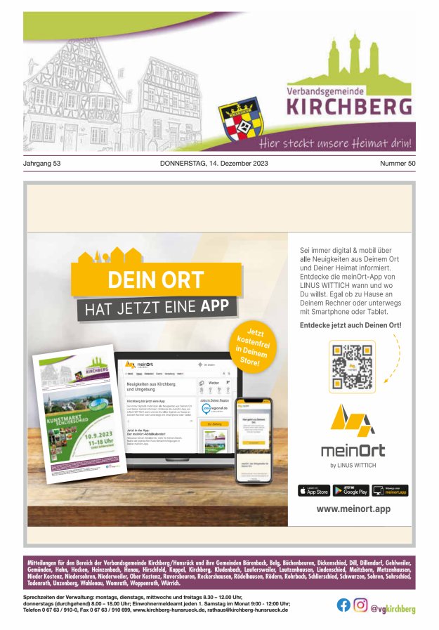 Mitteilungen der Verbandsgemeinde Kirchberg Hunsrück Titelblatt 50/2023